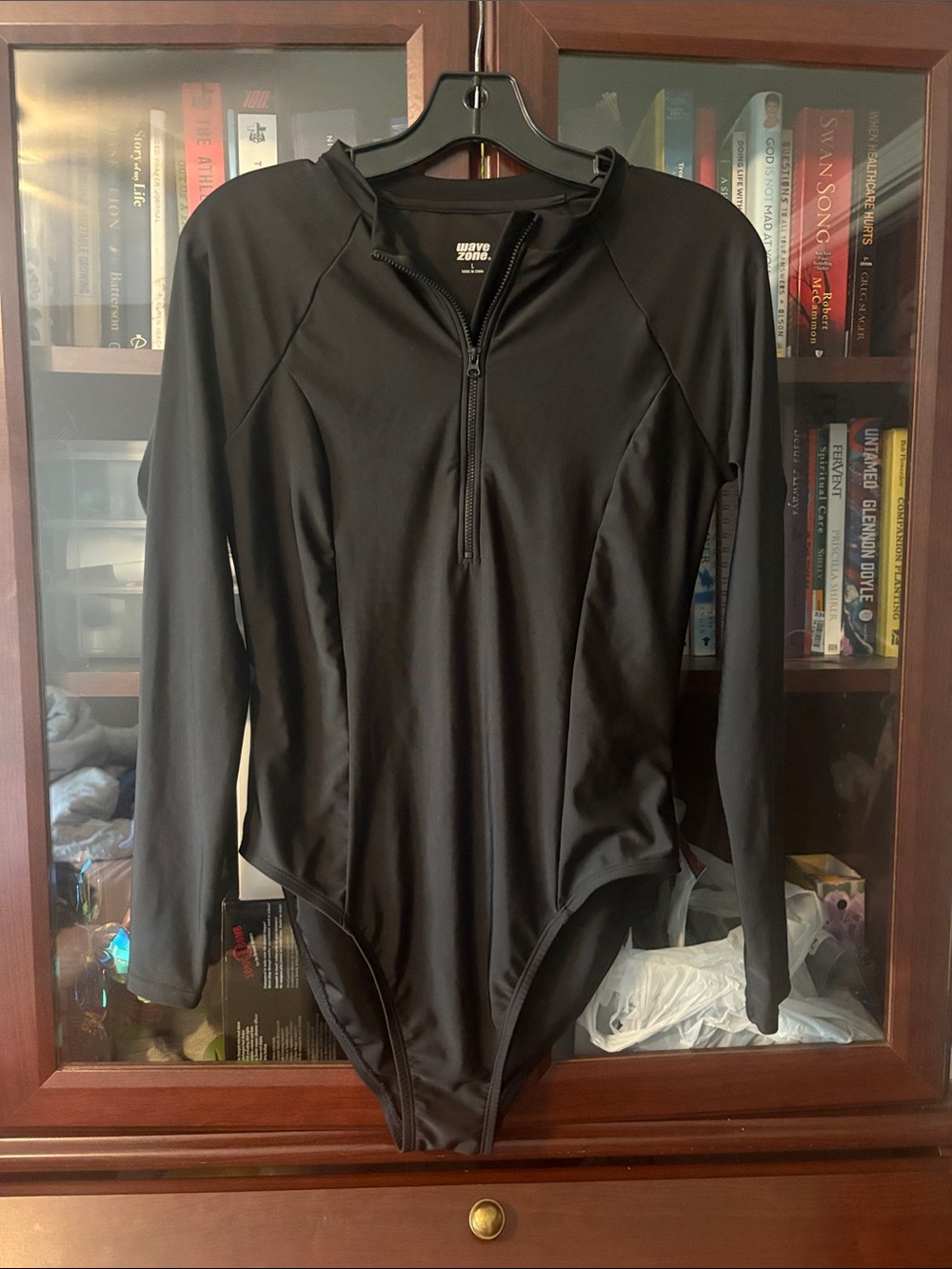 Long Sleeve Zip Front Black Swim One Piece Full Coverage